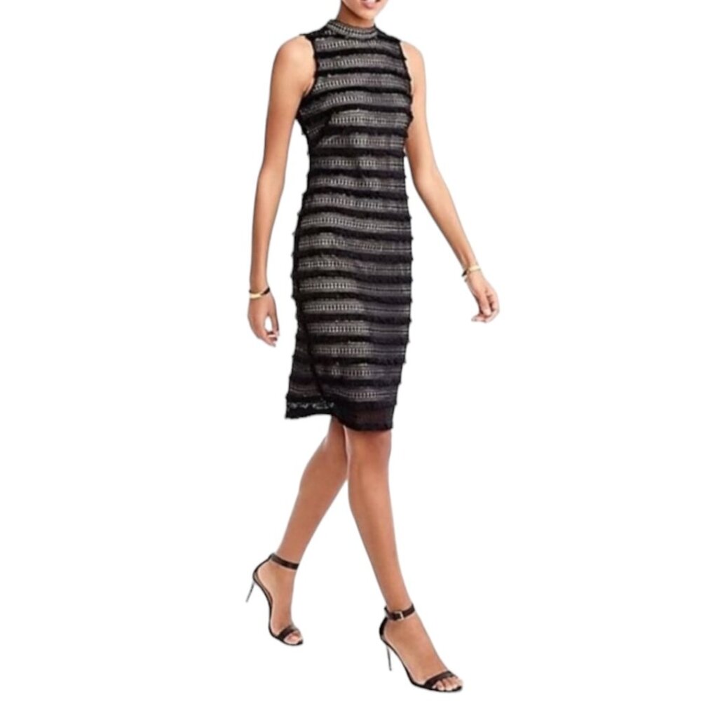 J Crew Black Fringe Sheath Dress, Black With Beige Lining, Size 2